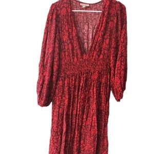 Knox Rose  Black & Red Floral Long Sleeve V-Neck Pocket  Smock Dress Med Boho
